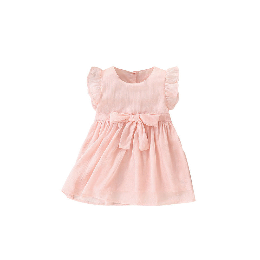 MyKids-USA® Girls’ Simple Plain Pink Short Sleeves Bow Tied Dress