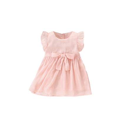 MyKids-USA® Girls’ Simple Plain Pink Short Sleeves Bow Tied Dress