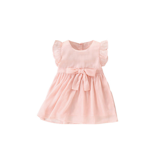 MyKids-USA® Summer Arrival Girls’ Simple Plain Pink Short Sleeves Bow Tied Dress