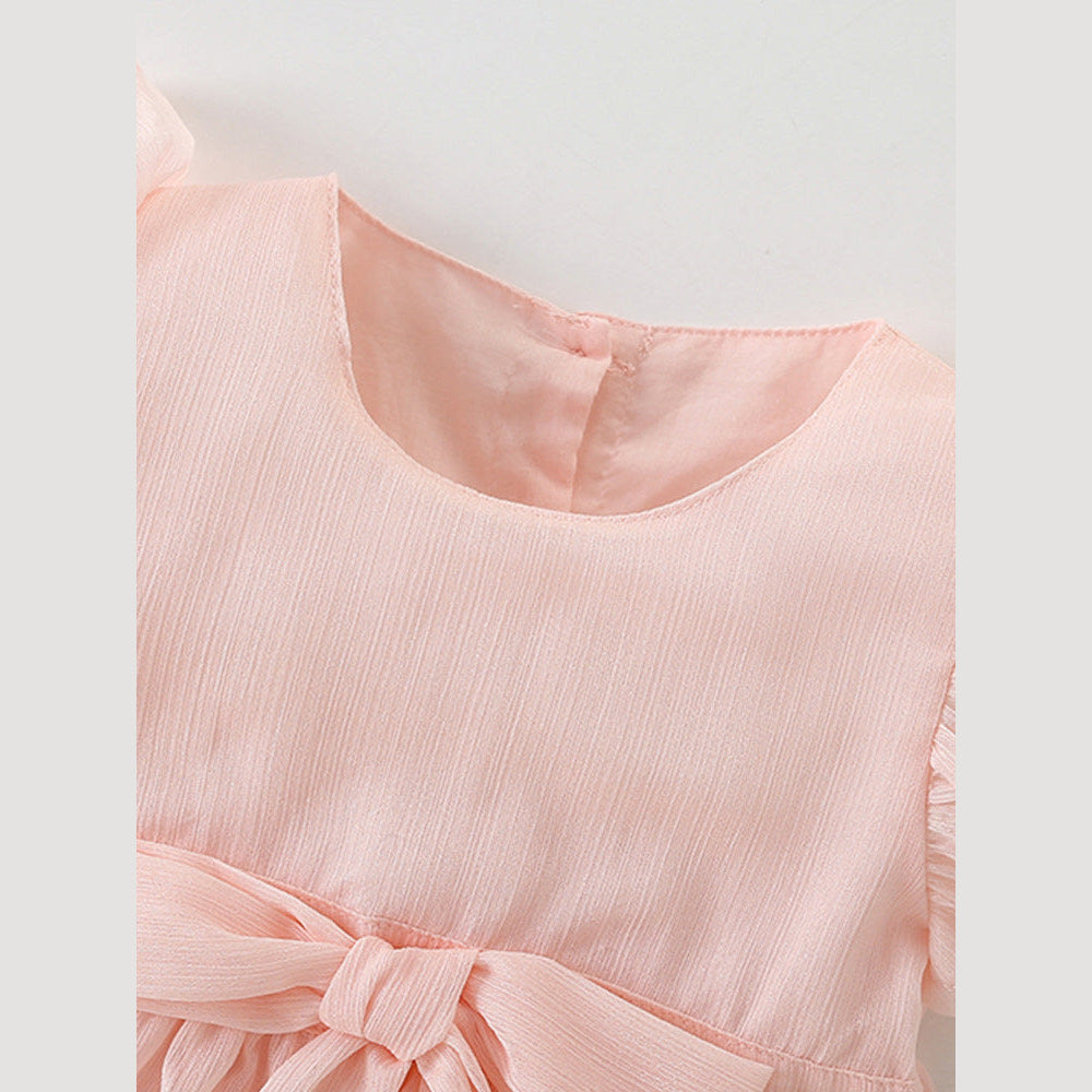 MyKids-USA® Girls’ Simple Plain Pink Short Sleeves Bow Tied Dress