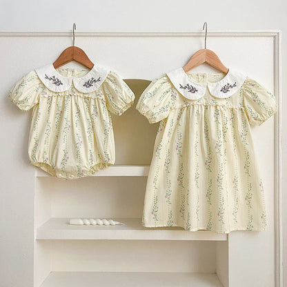 MyKids-USA® Design Baby Kids Girls Floral Striped Pattern Short Sleeves Embroidered bodysuit And Girls’ Dress – Princess Sister Matching Set