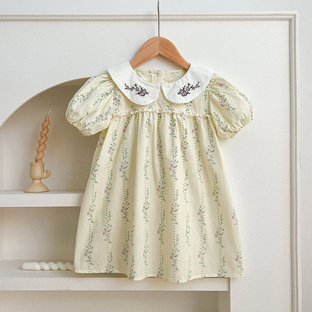 MyKids-USA® Design Baby Kids Girls Floral Striped Pattern Short Sleeves Embroidered bodysuit And Girls’ Dress – Princess Sister Matching Set