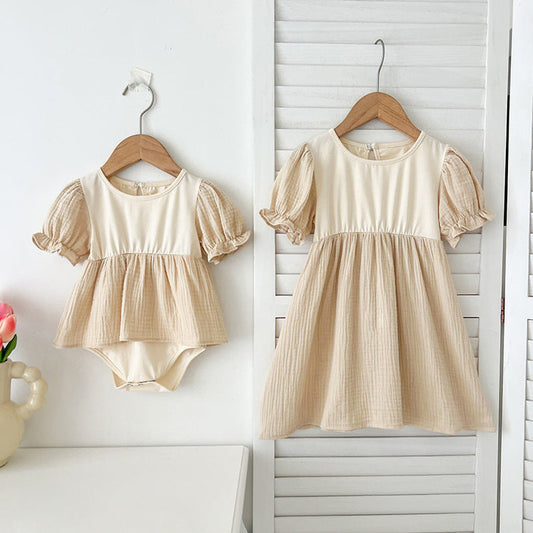 MyKids-USA® Girls Apricot Patchwork Crew Neck Short Sleeves bodysuit And Girls’ Dress – Simple Sister Matching Set