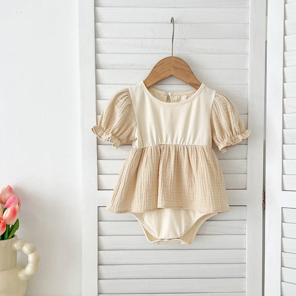 MyKids-USA® Girls Apricot Patchwork Crew Neck Short Sleeves bodysuit And Girls’ Dress – Simple Sister Matching Set