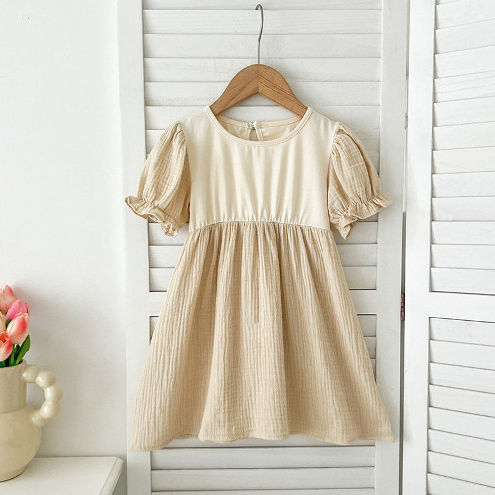 MyKids-USA® Girls Apricot Patchwork Crew Neck Short Sleeves bodysuit And Girls’ Dress – Simple Sister Matching Set