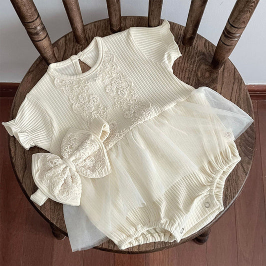 MyKids-USA® Design Baby Kids Girls Flowers Embroidery Lace Patchwork Crew Neck Short Sleeves bodysuit