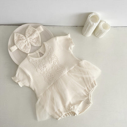 MyKids-USA® Design Baby Kids Girls Flowers Embroidery Lace Patchwork Crew Neck Short Sleeves bodysuit