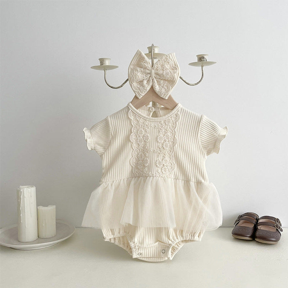 MyKids-USA® Design Baby Kids Girls Flowers Embroidery Lace Patchwork Crew Neck Short Sleeves bodysuit