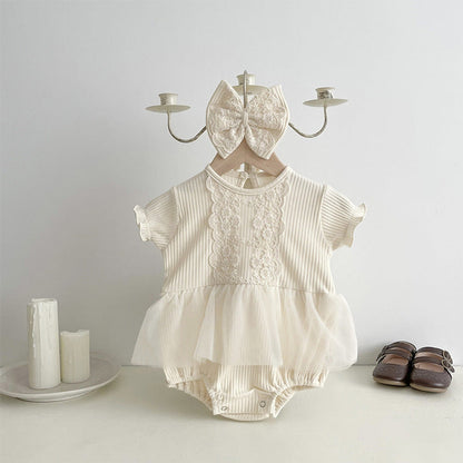 MyKids-USA® Design Baby Kids Girls Flowers Embroidery Lace Patchwork Crew Neck Short Sleeves bodysuit