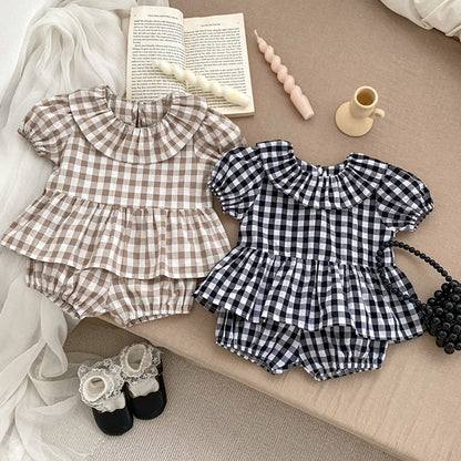 MyKids-USA® Baby Kids Girls Plaid Short Sleeves Round Collar Top And Shorts Casual Clothing Set