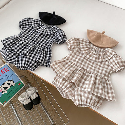 MyKids-USA® Baby Kids Girls Plaid Short Sleeves Round Collar Top And Shorts Casual Clothing Set
