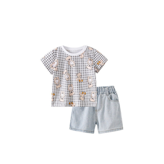 MyKids-USA® Baby Kids Girls Teddy Bear Pattern Plaid Crew Neck Shirt And Denim Shorts Clothing Set