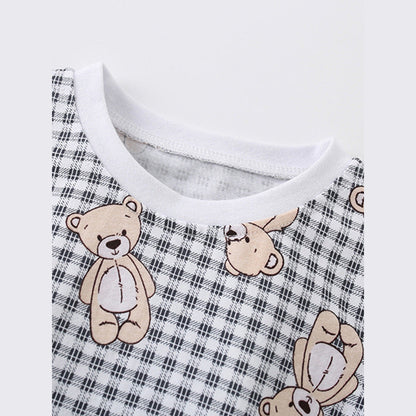 MyKids-USA® Baby Kids Girls Teddy Bear Pattern Plaid Crew Neck Shirt And Denim Shorts Clothing Set