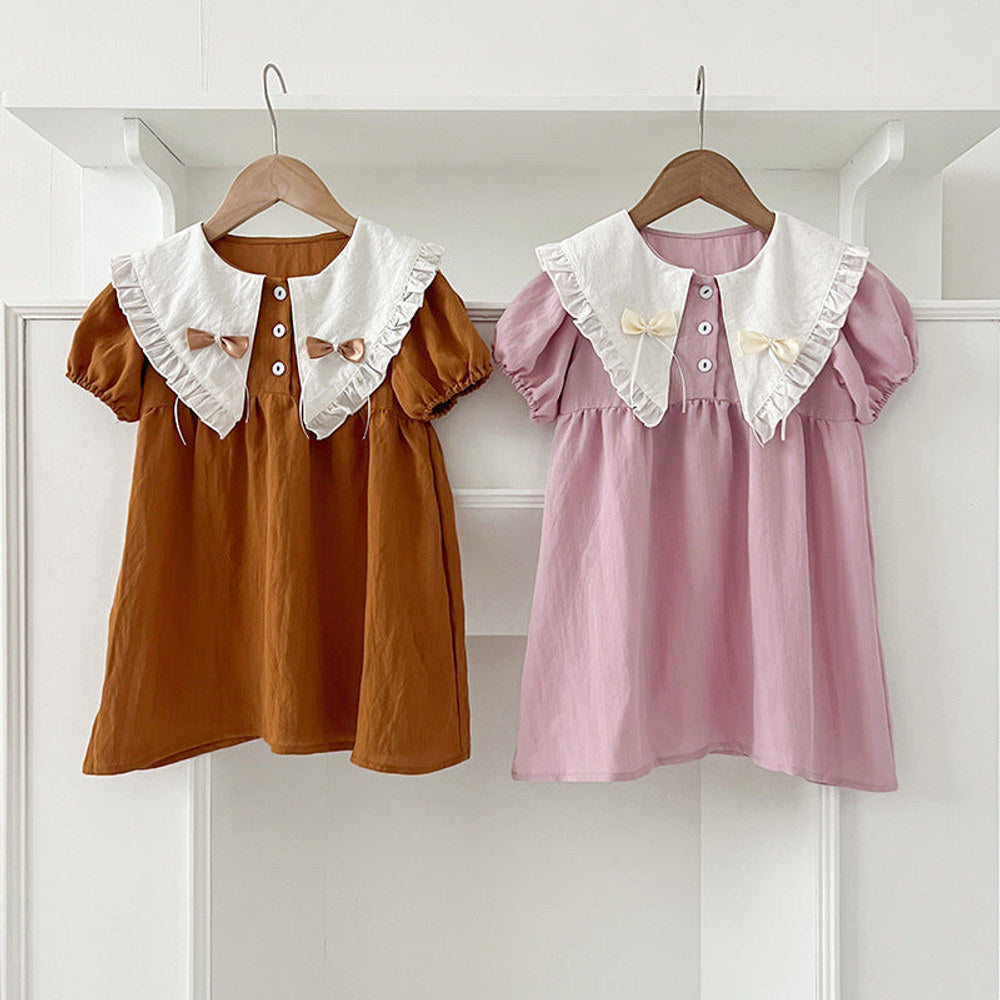 MyKids-USA® Girls Vintage Countryside Double-Bow Collar Short Sleeves Dress