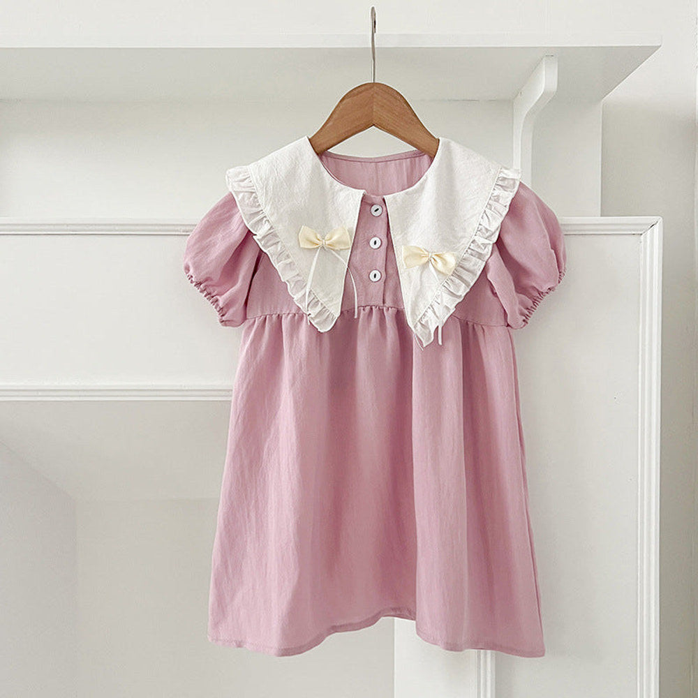 MyKids-USA® Girls Vintage Countryside Double-Bow Collar Short Sleeves Dress