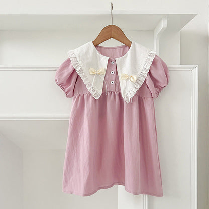 MyKids-USA® Girls Vintage Countryside Double-Bow Collar Short Sleeves Dress