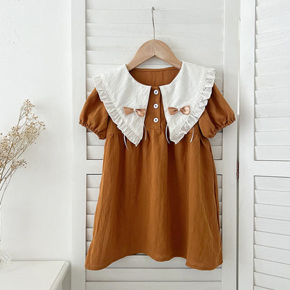 MyKids-USA® Girls Vintage Countryside Double-Bow Collar Short Sleeves Dress
