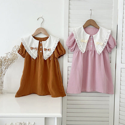 MyKids-USA® Girls Vintage Countryside Double-Bow Collar Short Sleeves Dress