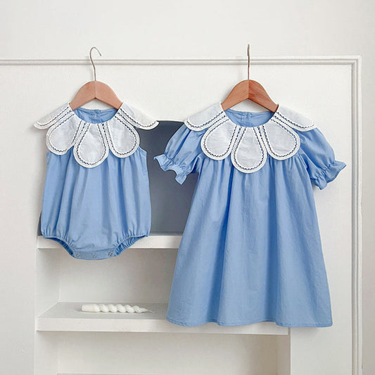 MyKids-USA® Design Girls Hollow Out Flower Collar Short Sleeveless bodysuit And Short Sleeves Dress – Sister Matching Clothing Set