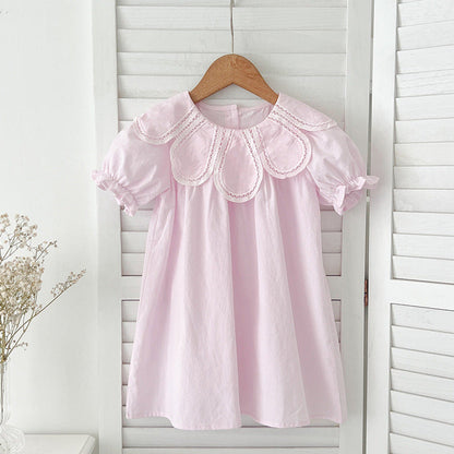 MyKids-USA® Design Girls Hollow Out Flower Collar Short Sleeveless bodysuit And Short Sleeves Dress – Sister Matching Clothing Set