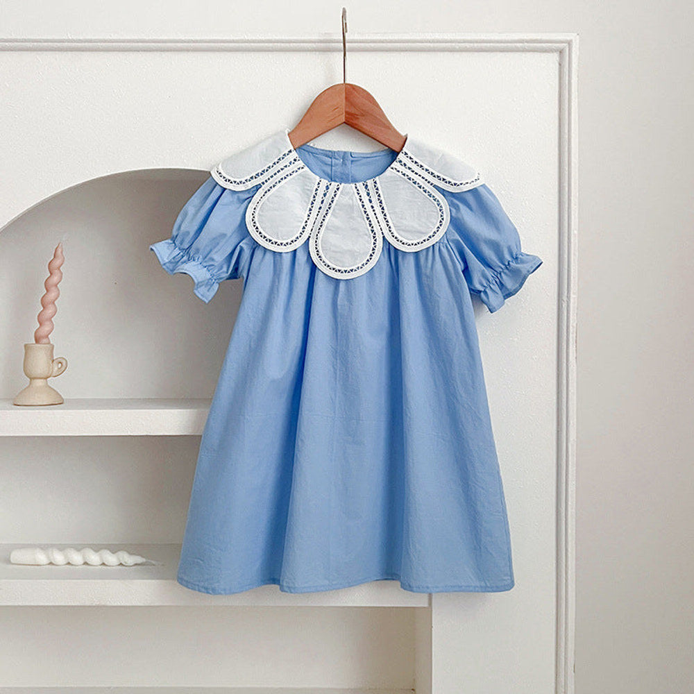 MyKids-USA® Design Girls Hollow Out Flower Collar Short Sleeveless bodysuit And Short Sleeves Dress – Sister Matching Clothing Set
