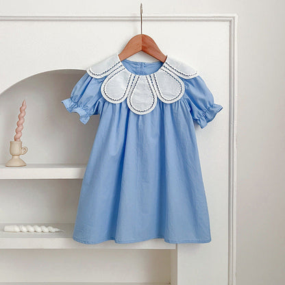 MyKids-USA® Design Girls Hollow Out Flower Collar Short Sleeveless bodysuit And Short Sleeves Dress – Sister Matching Clothing Set