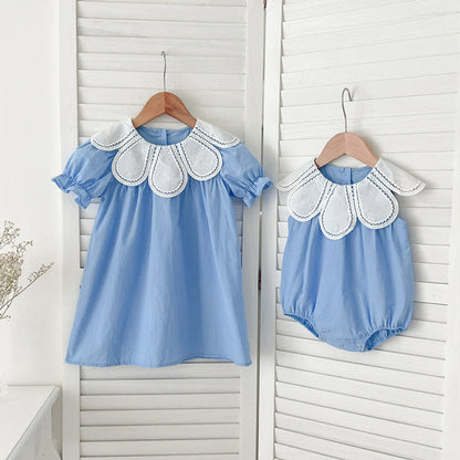 MyKids-USA® Design Girls Hollow Out Flower Collar Short Sleeveless bodysuit And Short Sleeves Dress – Sister Matching Clothing Set