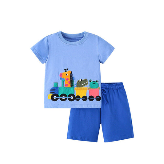 MyKids-USA® Baby Kids Boys Animals Cartoon Pattern T-Shirt And Solid Color Shorts Clothing Set