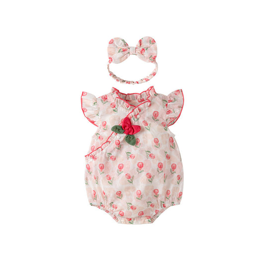 MyKids-USA® Design Baby Girls Red Rose Flowers Pattern Fly Sleeves Ruffle Neck Sweet Cute bodysuit