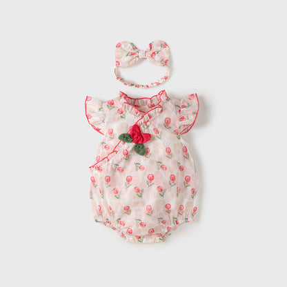 MyKids-USA® Design Baby Girls Red Rose Flowers Pattern Fly Sleeves Ruffle Neck Sweet Cute bodysuit
