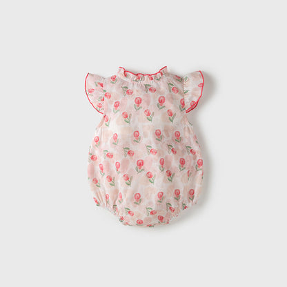 MyKids-USA® Design Baby Girls Red Rose Flowers Pattern Fly Sleeves Ruffle Neck Sweet Cute bodysuit