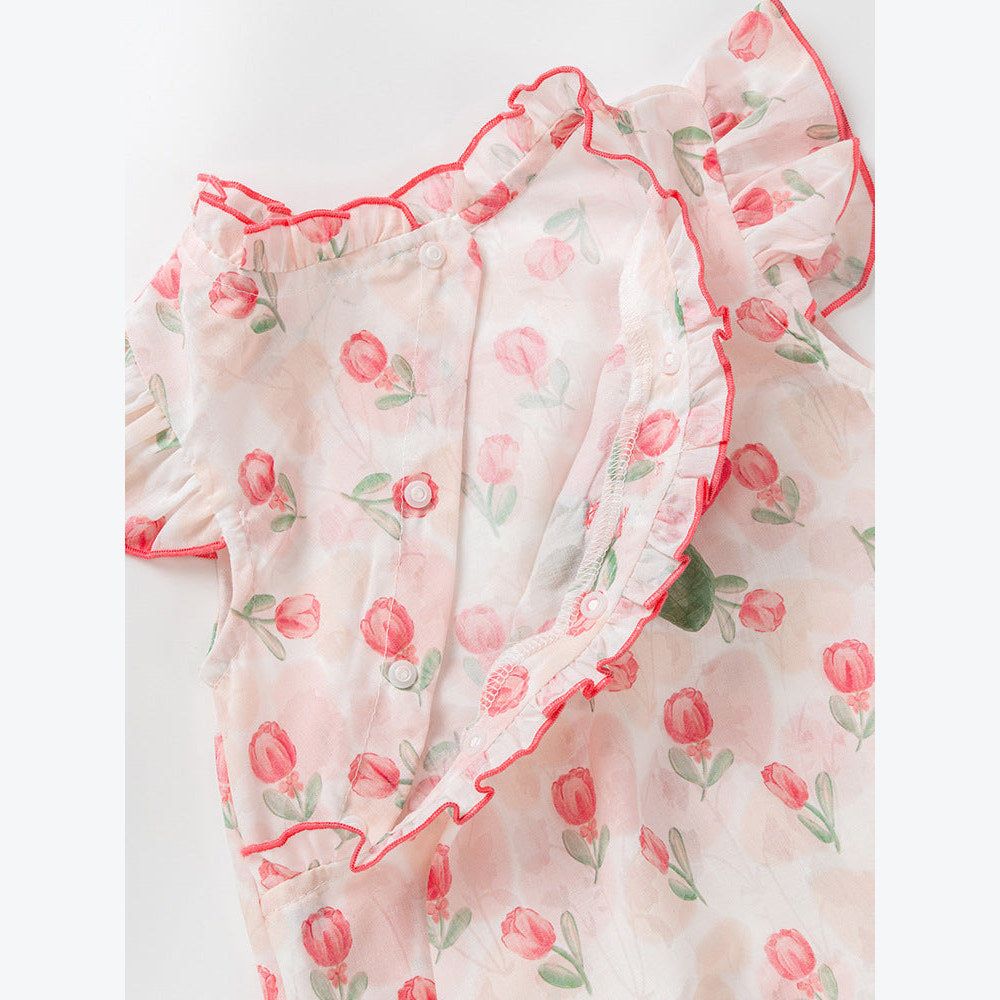 MyKids-USA® Design Baby Girls Red Rose Flowers Pattern Fly Sleeves Ruffle Neck Sweet Cute bodysuit