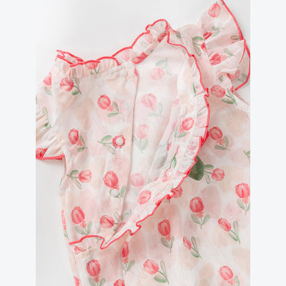 MyKids-USA® Design Baby Girls Red Rose Flowers Pattern Fly Sleeves Ruffle Neck Sweet Cute bodysuit