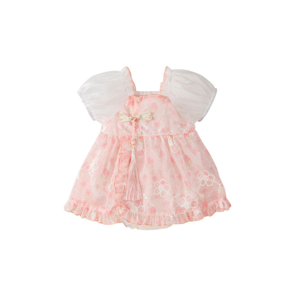 MyKids-USA® Dress Design Baby Girls Pink Flowers Pattern And Embroidery Short Sleeves Square Neck Sweet Cute bodysuit