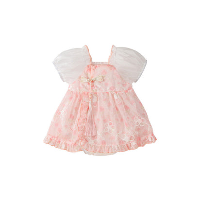 MyKids-USA® Dress Design Baby Girls Pink Flowers Pattern And Embroidery Short Sleeves Square Neck Sweet Cute bodysuit
