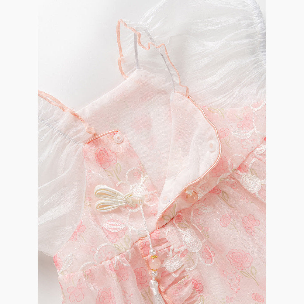 MyKids-USA® Dress Design Baby Girls Pink Flowers Pattern And Embroidery Short Sleeves Square Neck Sweet Cute bodysuit