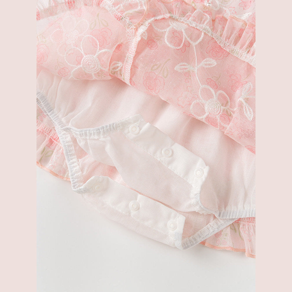 MyKids-USA® Dress Design Baby Girls Pink Flowers Pattern And Embroidery Short Sleeves Square Neck Sweet Cute bodysuit