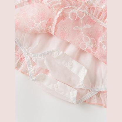 MyKids-USA® Dress Design Baby Girls Pink Flowers Pattern And Embroidery Short Sleeves Square Neck Sweet Cute bodysuit