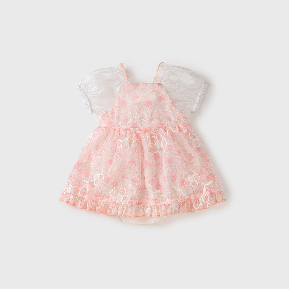 MyKids-USA® Dress Design Baby Girls Pink Flowers Pattern And Embroidery Short Sleeves Square Neck Sweet Cute bodysuit