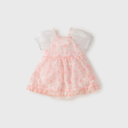 MyKids-USA® Dress Design Baby Girls Pink Flowers Pattern And Embroidery Short Sleeves Square Neck Sweet Cute bodysuit