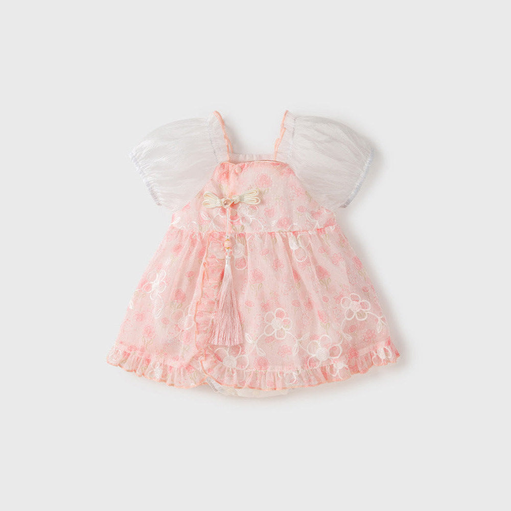 MyKids-USA® Dress Design Baby Girls Pink Flowers Pattern And Embroidery Short Sleeves Square Neck Sweet Cute bodysuit