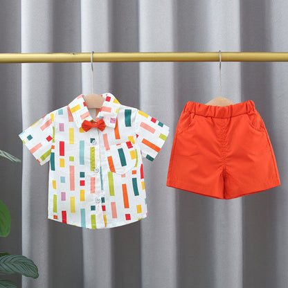 MyKids-USA® Baby Kids Boys Colorful Striped Pattern Turn-Down Collar Short Sleeves Shirt And Orange Shorts English Clothing Set