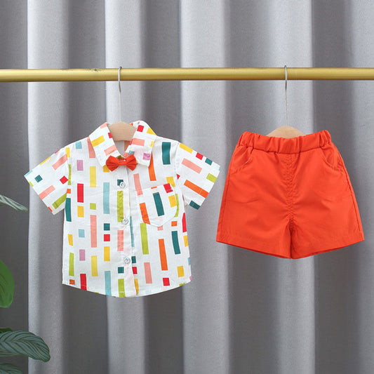 MyKids-USA® Baby Kids Boys Colorful Striped Pattern Turn-Down Collar Short Sleeves Shirt And Orange Shorts English Clothing Set