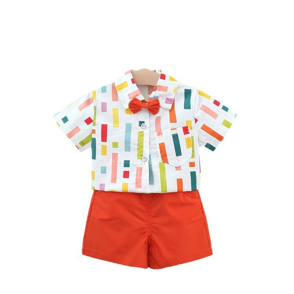 MyKids-USA® Baby Kids Boys Colorful Striped Pattern Turn-Down Collar Short Sleeves Shirt And Orange Shorts English Clothing Set