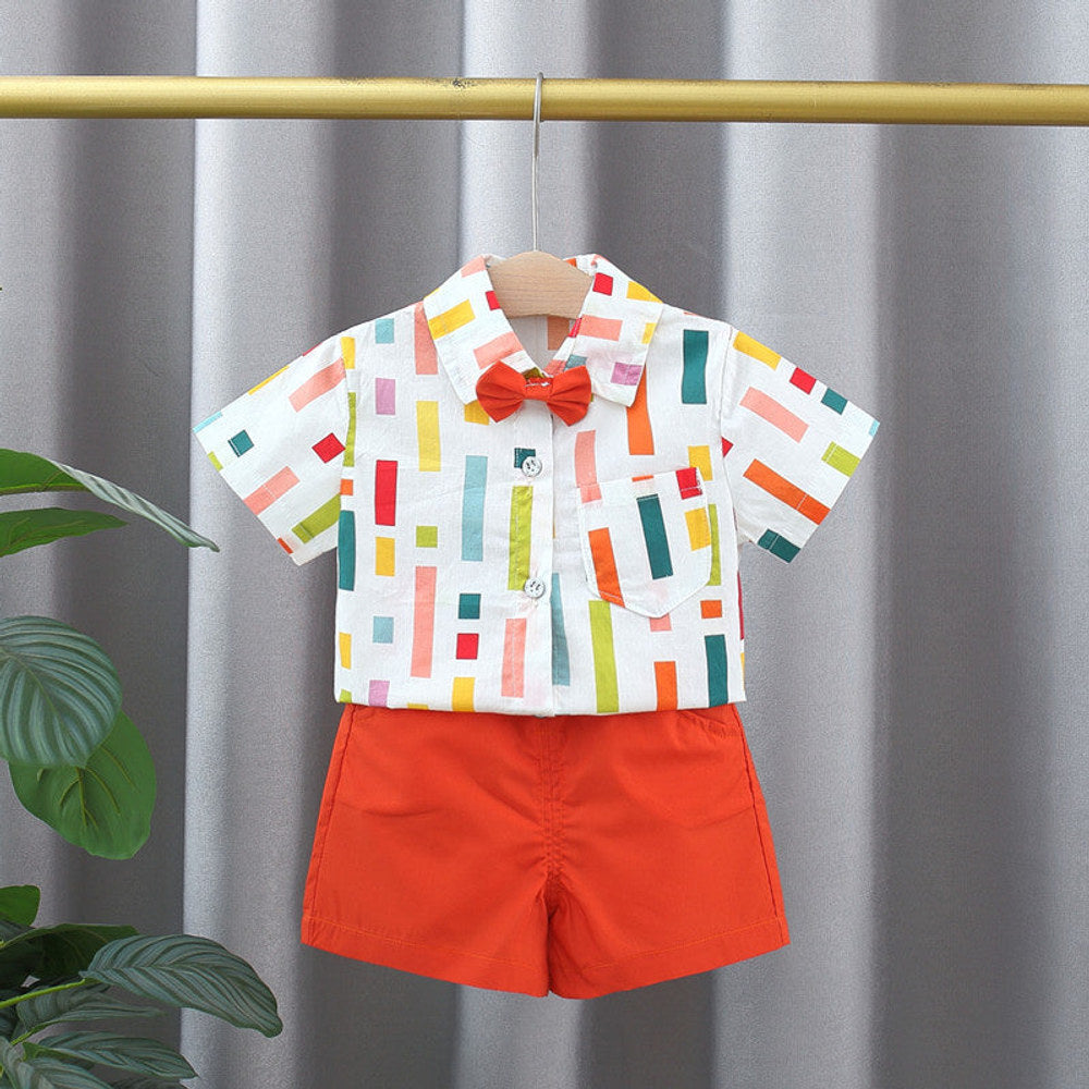 MyKids-USA® Baby Kids Boys Colorful Striped Pattern Turn-Down Collar Short Sleeves Shirt And Orange Shorts English Clothing Set
