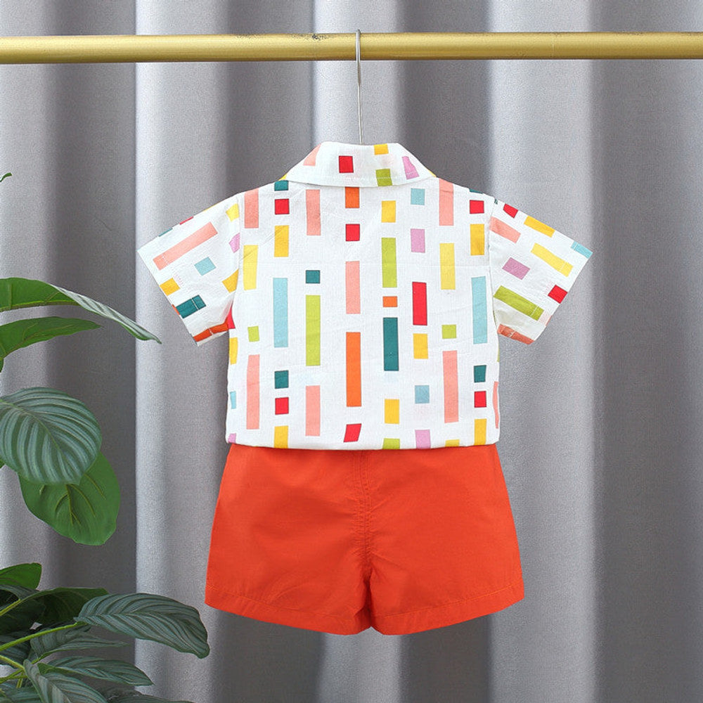 MyKids-USA® Baby Kids Boys Colorful Striped Pattern Turn-Down Collar Short Sleeves Shirt And Orange Shorts English Clothing Set