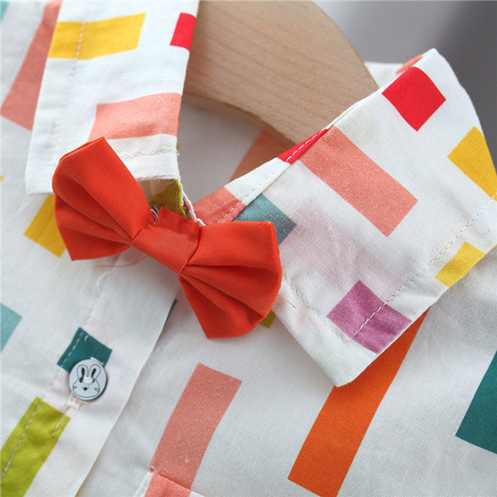 MyKids-USA® Baby Kids Boys Colorful Striped Pattern Turn-Down Collar Short Sleeves Shirt And Orange Shorts English Clothing Set