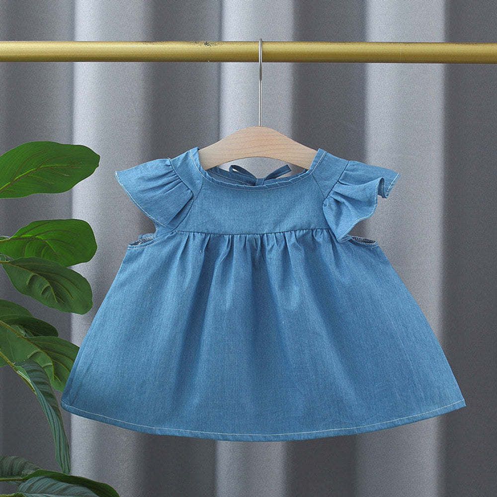 MyKids-USA® Baby Kids Girls Fly Sleeves Crew Neck Solid Color Denim Dress