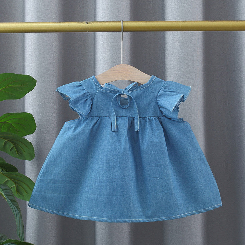 MyKids-USA® Baby Kids Girls Fly Sleeves Crew Neck Solid Color Denim Dress