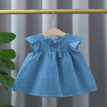 MyKids-USA® Baby Kids Girls Fly Sleeves Crew Neck Solid Color Denim Dress